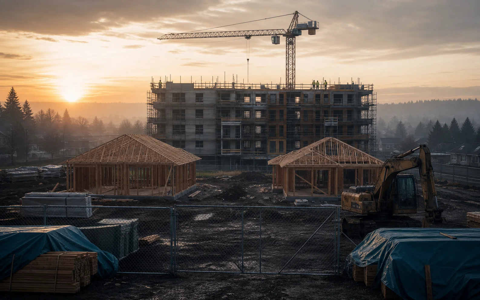 Deux maisons individuelles inachevées devant un immeuble en construction sur un chantier américain