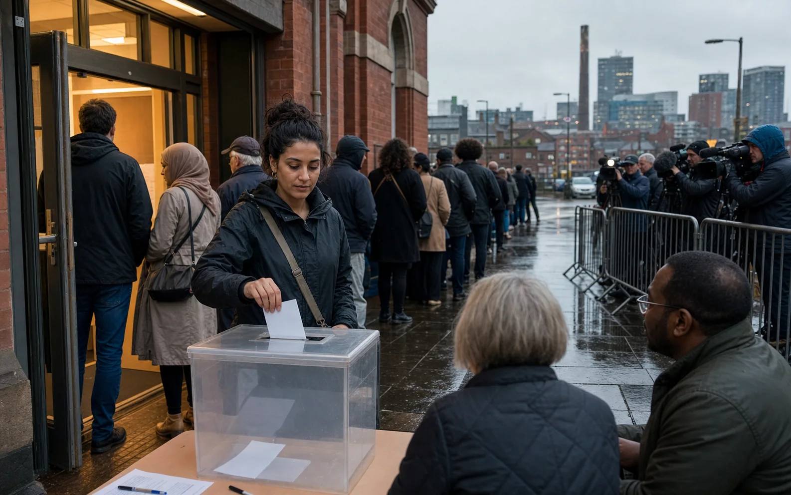 Une électrice dépose son bulletin devant un bureau de vote pluvieux du Grand Manchester