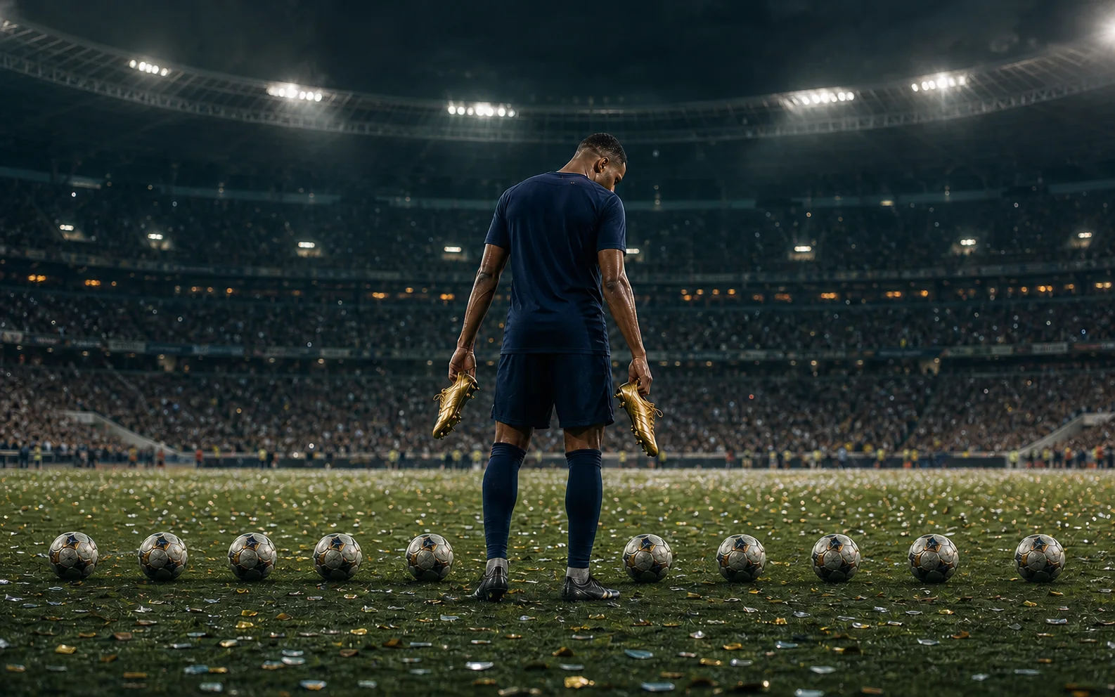 Un attaquant en tenue bleu nuit tient deux chaussures dorées devant dix ballons alignés sur une pelouse de stade