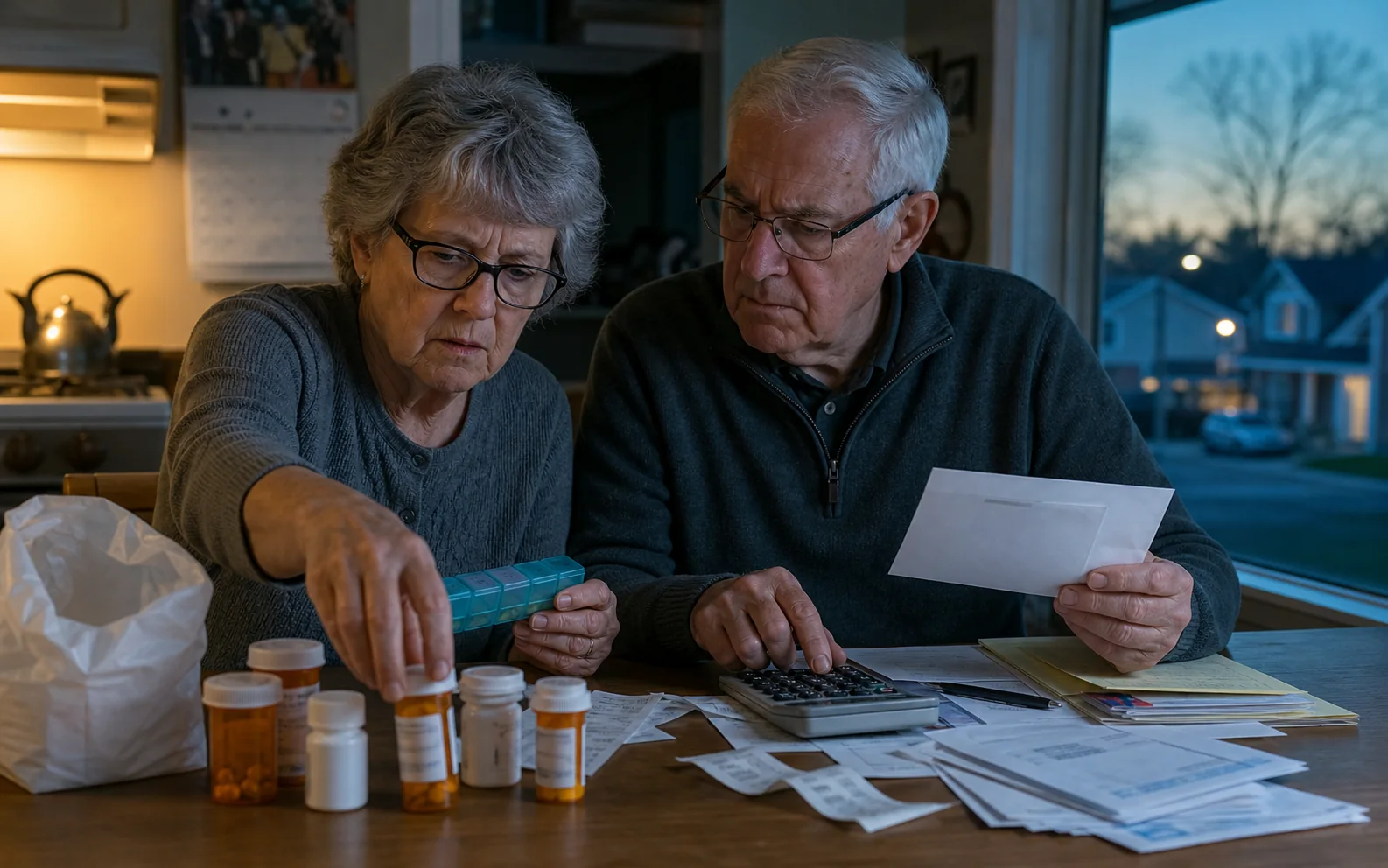 Couple âgé comparant ses factures et ses médicaments sur une table de cuisine