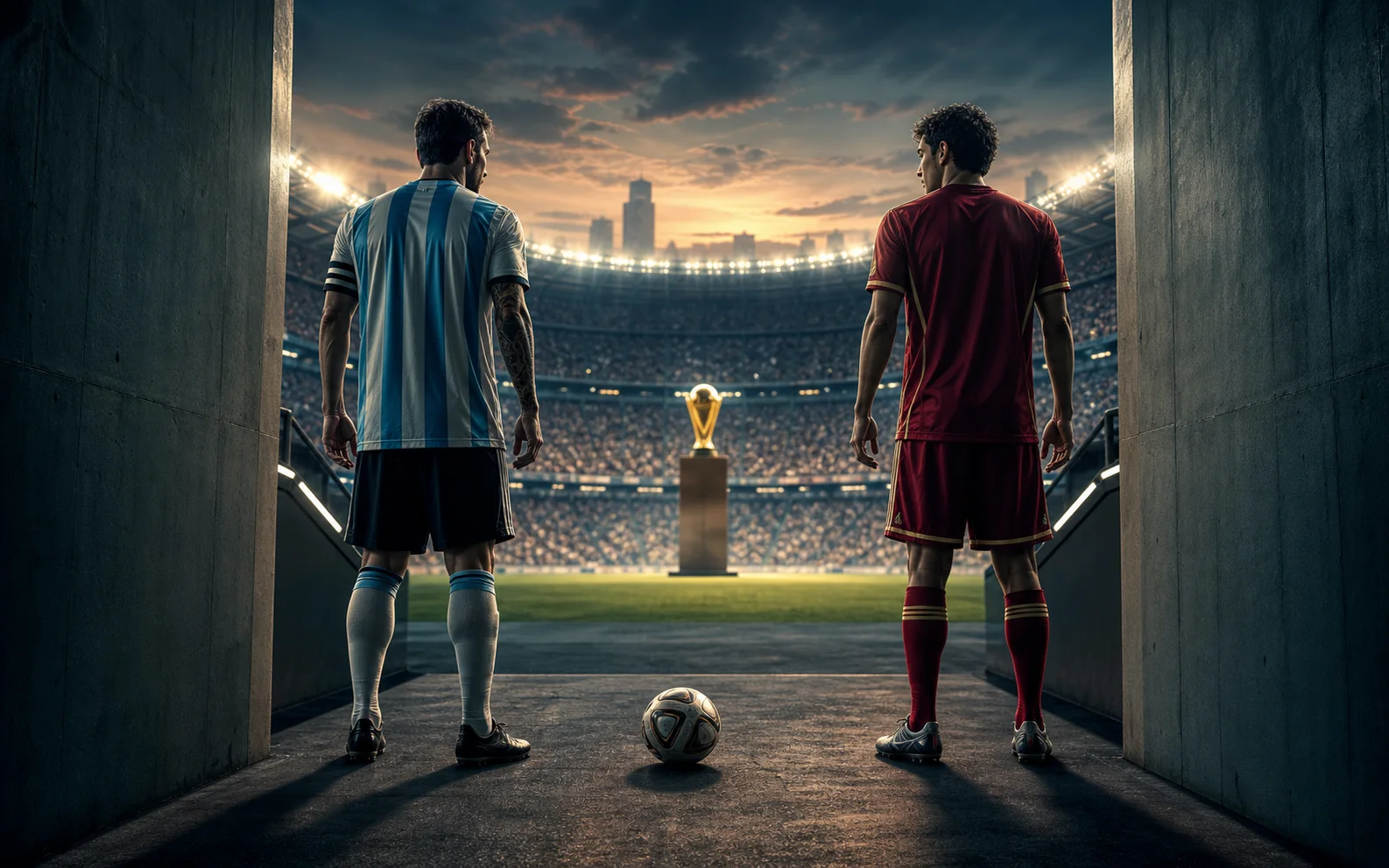 Deux footballeurs fictifs, l’un en maillot bleu et blanc et l’autre en rouge, attendent dans un tunnel face au terrain et au trophée