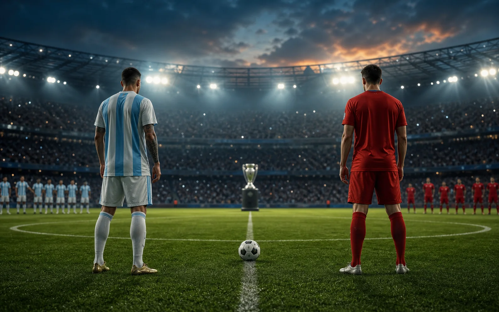 Deux footballeurs anonymes en tenues bleu clair et rouge se font face avant une finale dans un stade plein