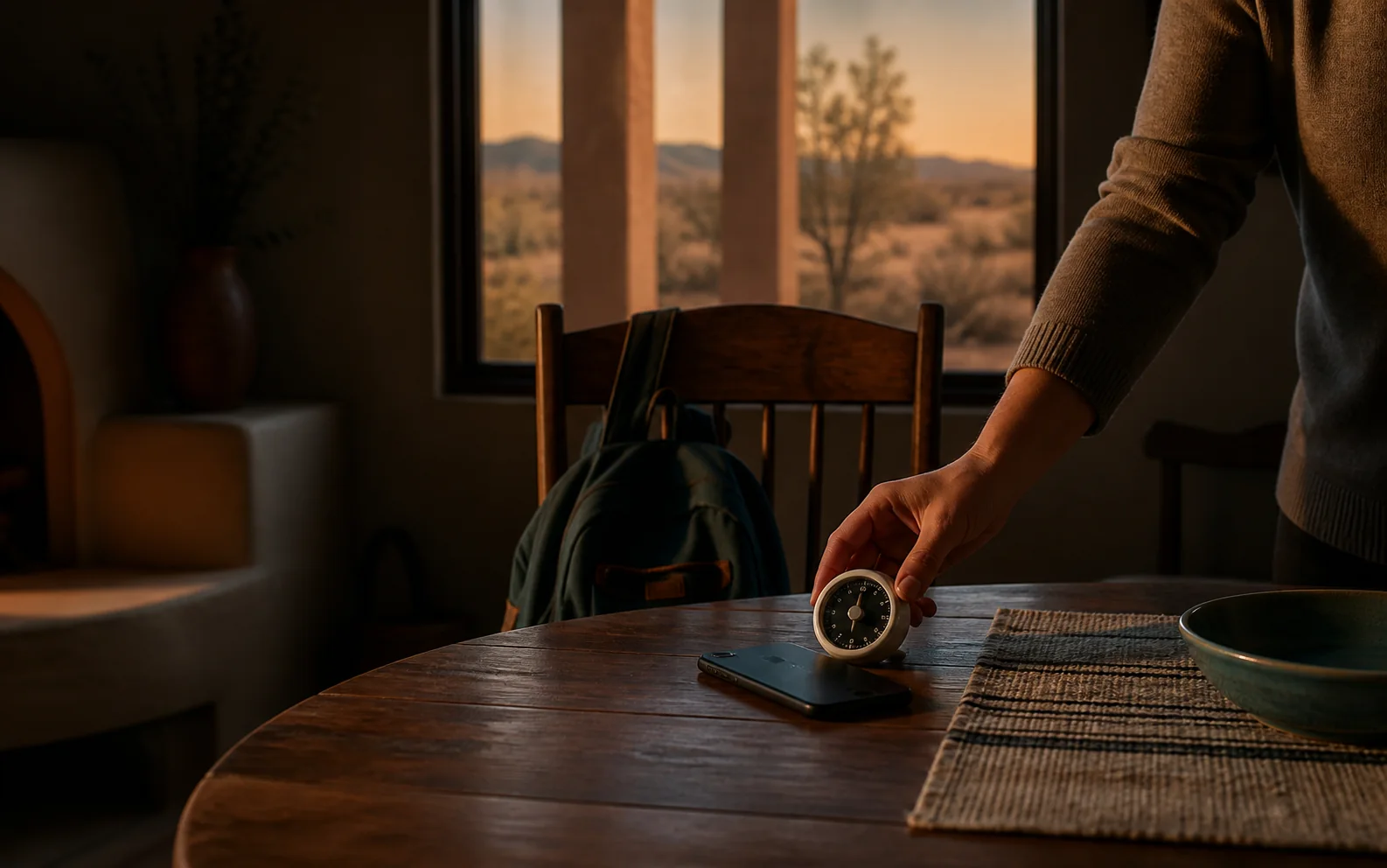 Un adulte pose un minuteur près d’un téléphone, devant une chaise vide portant un sac d’école dans une maison du Nouveau-Mexique