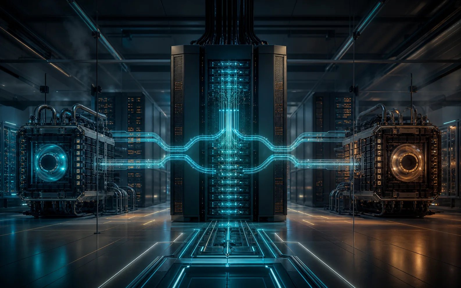 Un puissant système cloud central relié à deux moteurs d’intelligence artificielle concurrents dans un centre de données