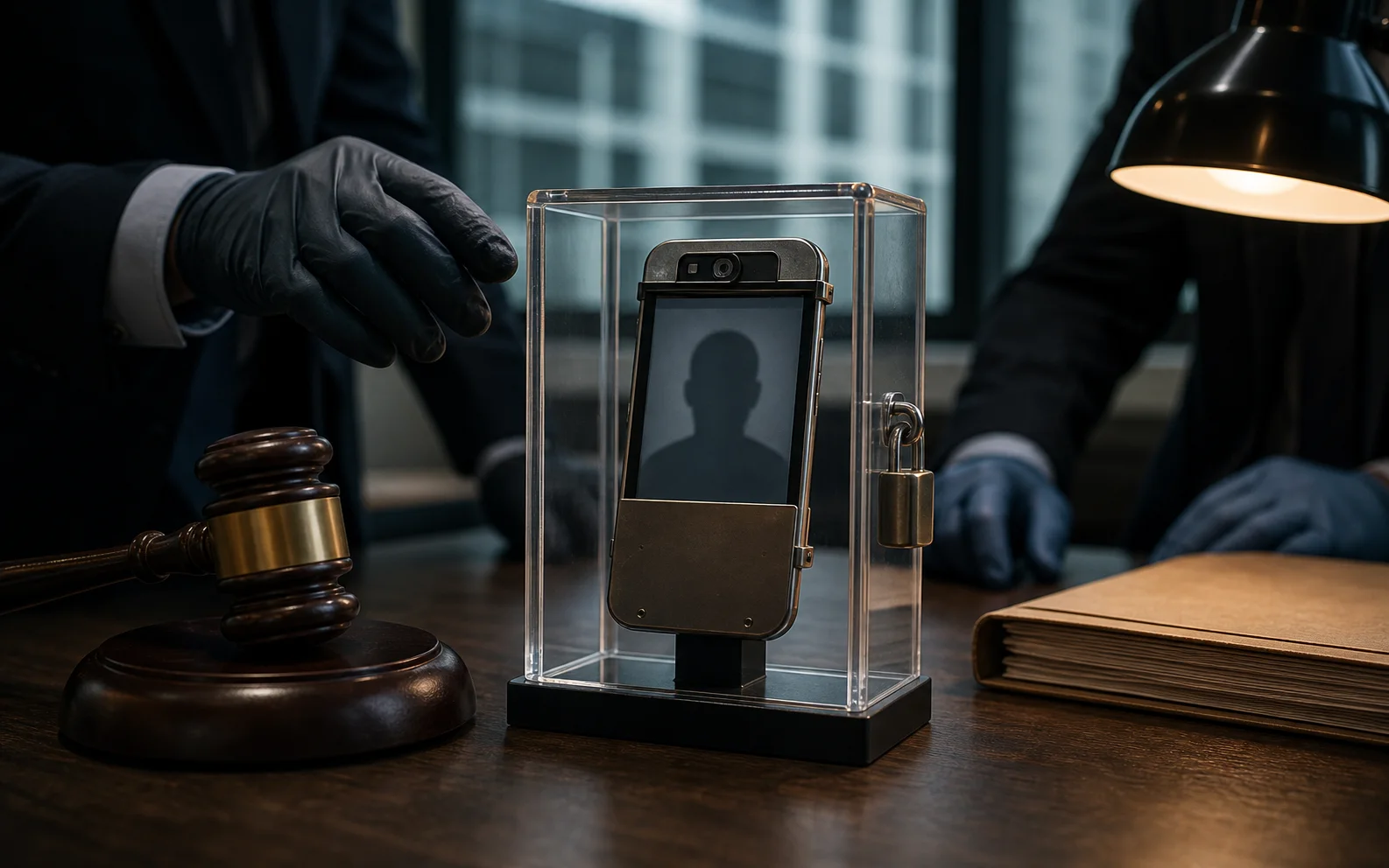 Un smartphone verrouillé sous scellé près d’un marteau de juge dans une salle d’examen judiciaire