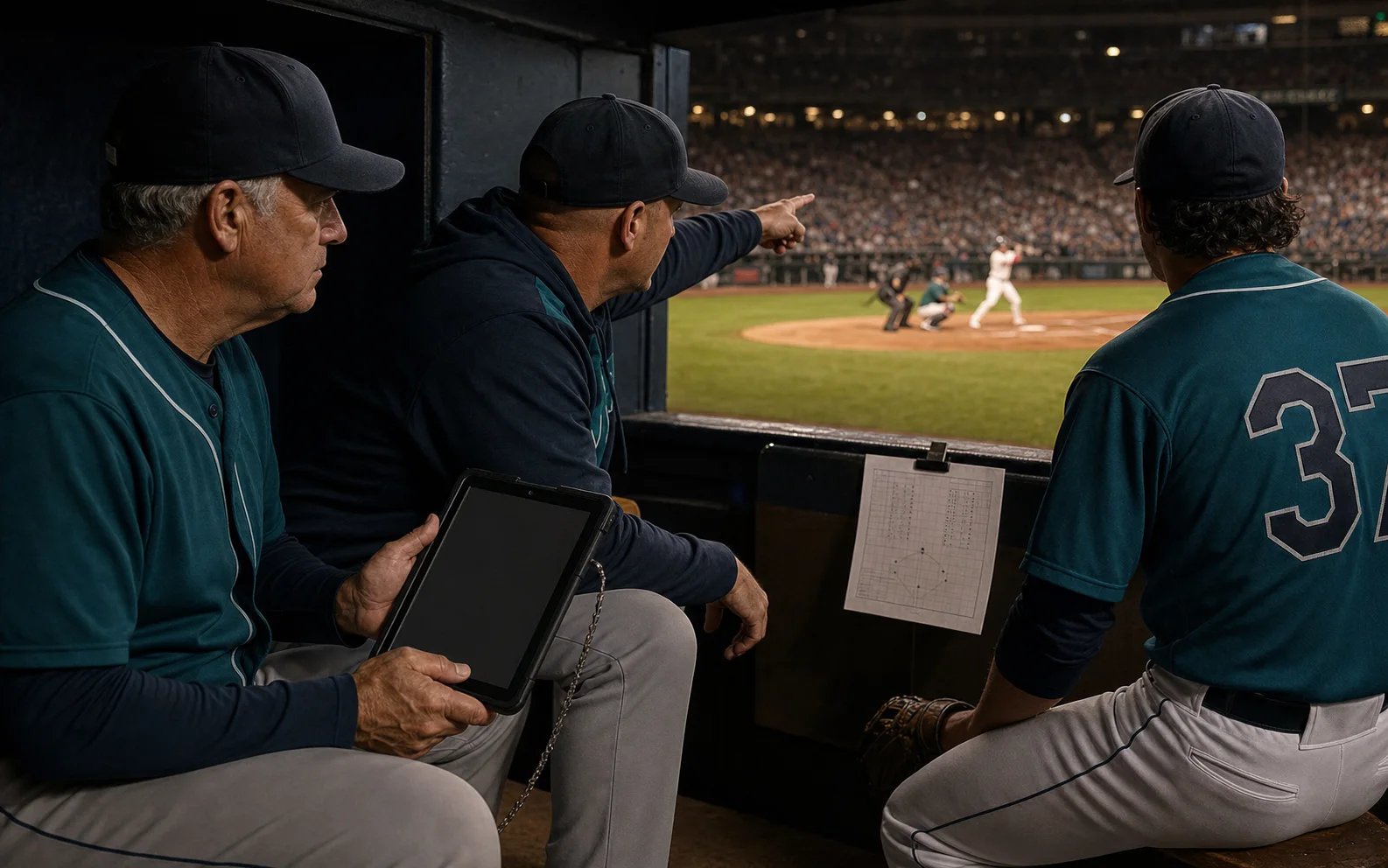 Un manager de baseball tient une tablette éteinte pendant qu’un coach décide du prochain lancer depuis le dugout