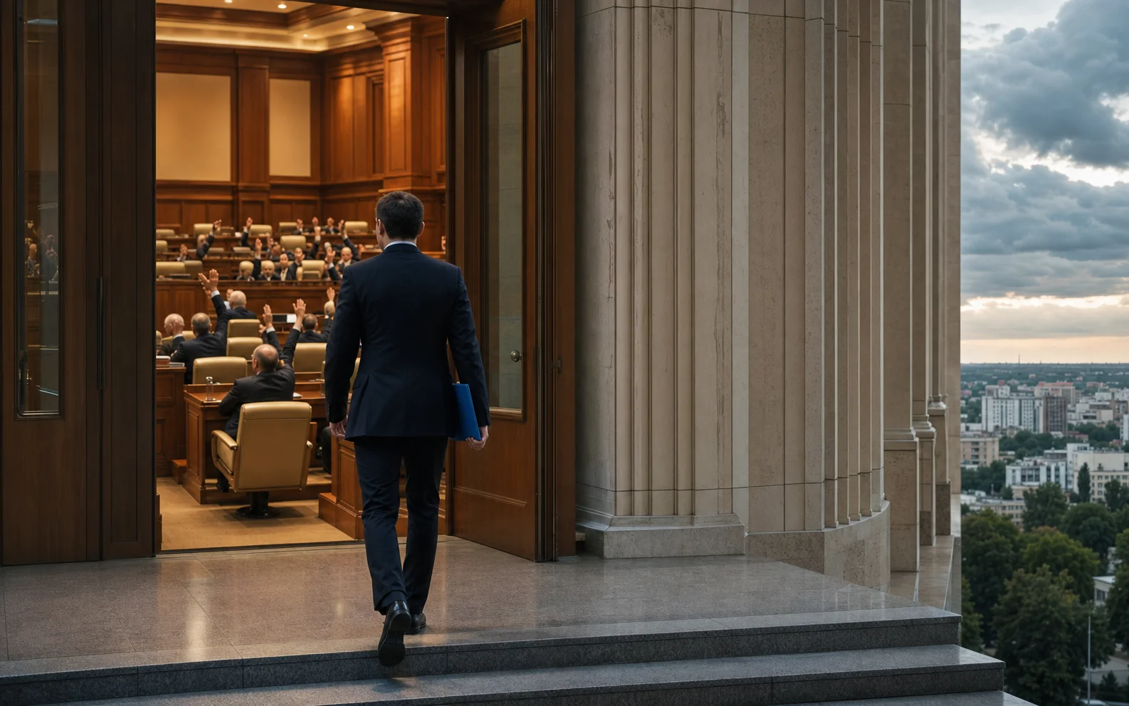 Un nouveau dirigeant moldave entre dans une chambre parlementaire où les députés votent, avec Chișinău sous un ciel orageux