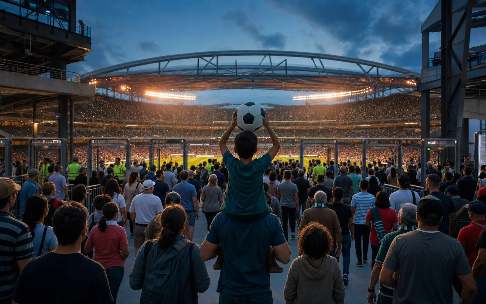 Une foule dense entre dans un grand stade éclairé, avec un enfant portant un ballon sur les épaules d’un adulte