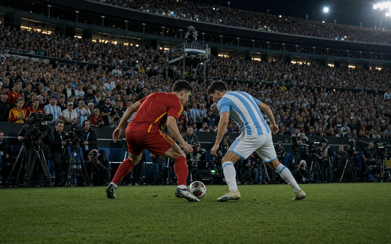 Deux footballeurs en rouge et bleu ciel se disputent le ballon devant un stade rempli et plusieurs caméras de télévision