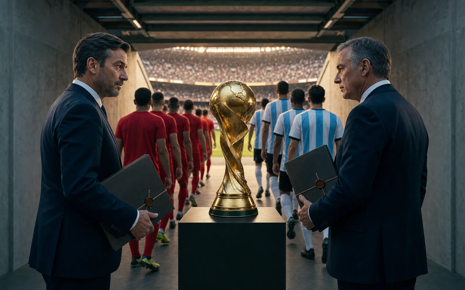 Deux responsables de fédération encadrent un trophée doré tandis que les finalistes entrent dans le stade