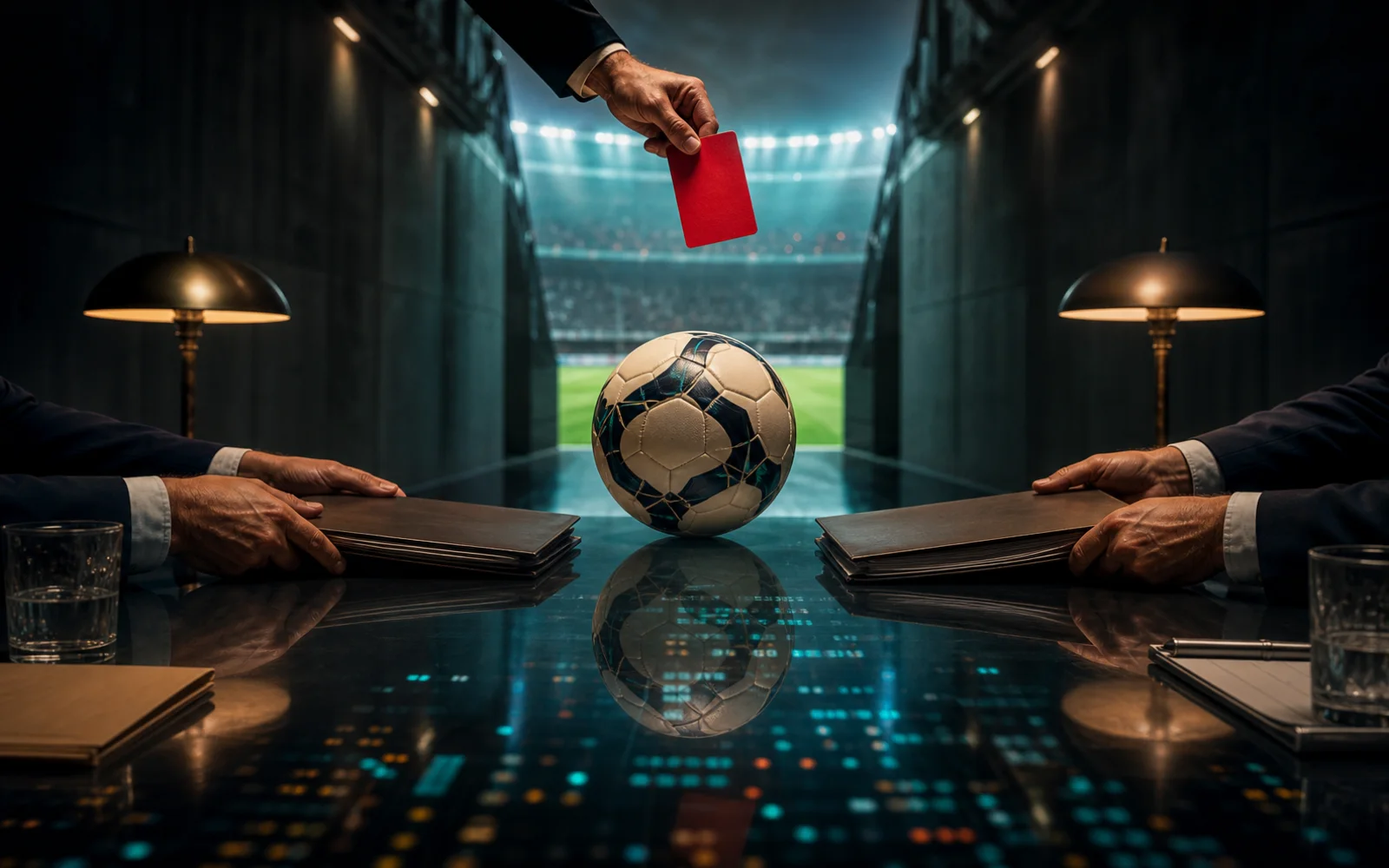 Un ballon au centre d’une table de négociation sous un carton rouge dans le tunnel d’un stade