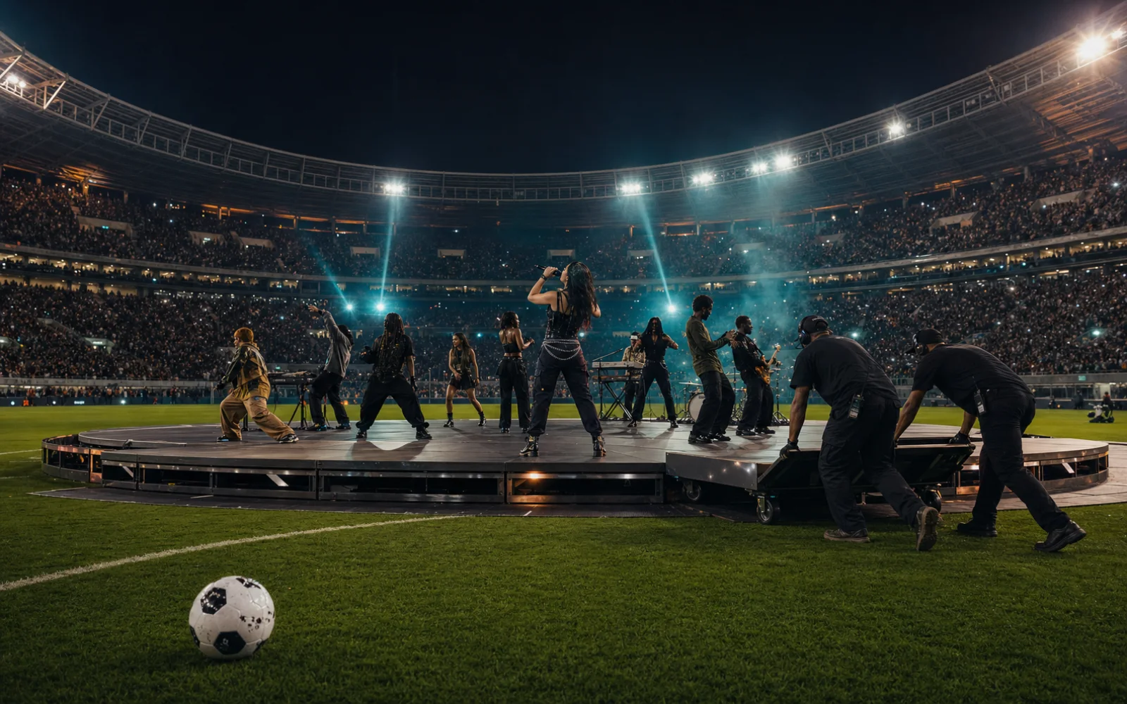 Des artistes anonymes se produisent sur une scène installée au centre d’un terrain de football pendant que des techniciens déplacent un module