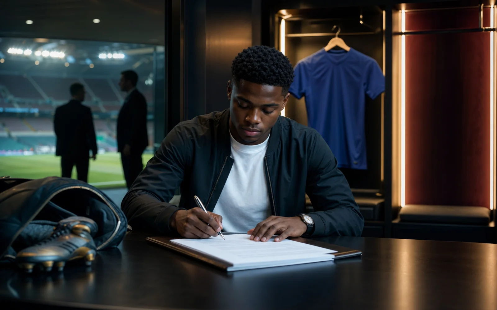 Un jeune footballeur signe un contrat dans un stade, devant un maillot bleu et un vestiaire grenat laissé vide
