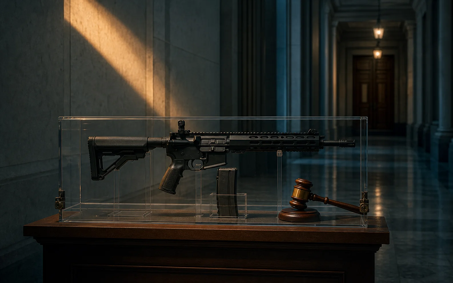 Fusil semi-automatique déchargé et maillet de juge sécurisés dans une vitrine de palais de justice