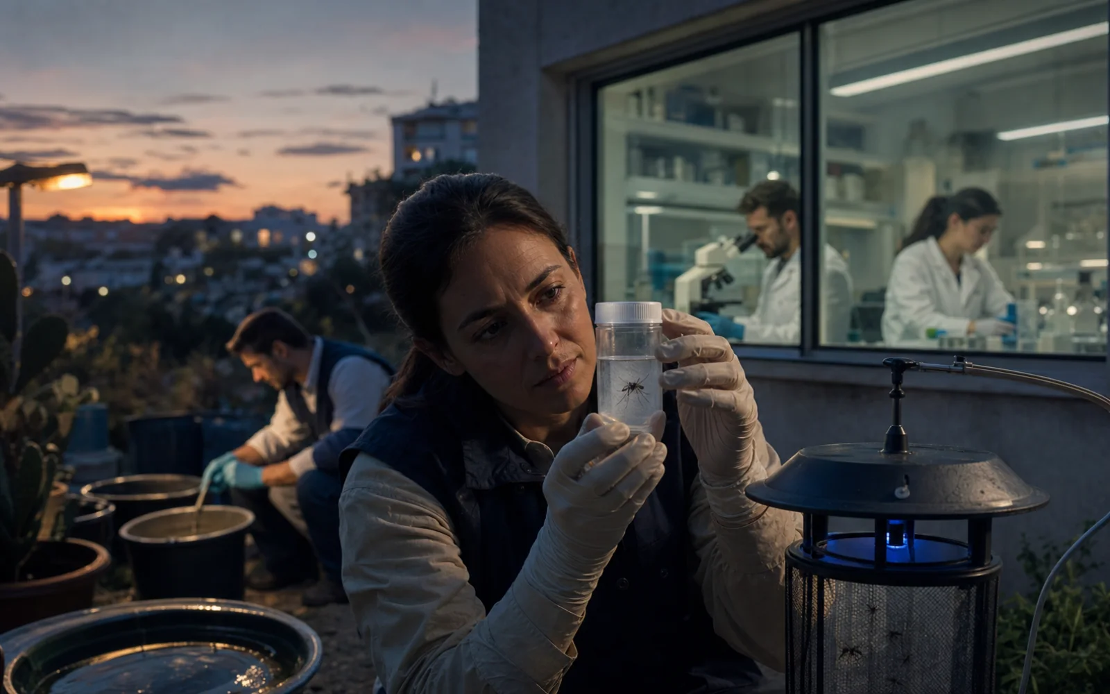 Une entomologiste examine un moustique capturé devant un piège et un laboratoire hospitalier européen