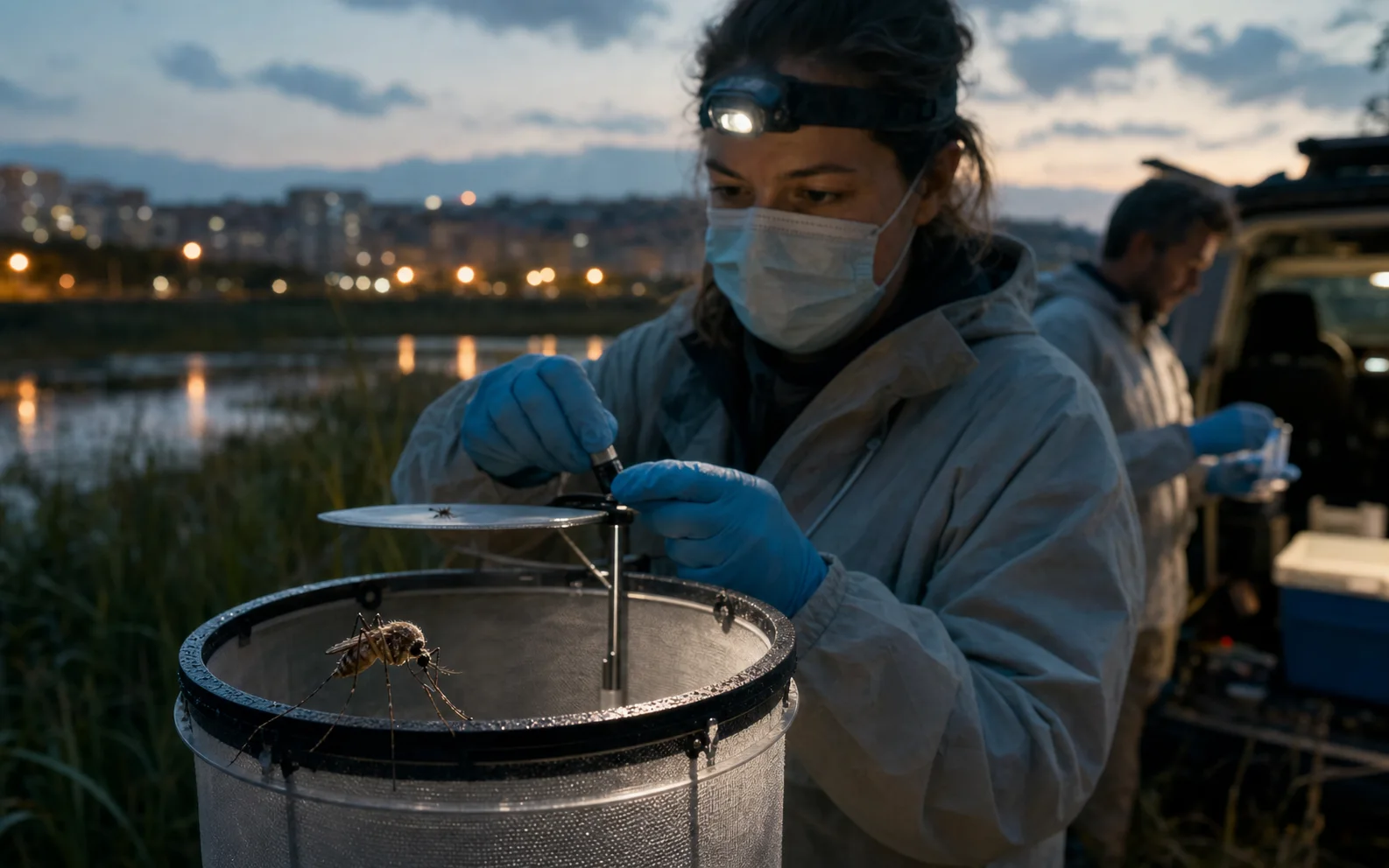 Chercheuse en santé publique prélevant des moustiques dans un piège près d’une zone humide urbaine au crépuscule