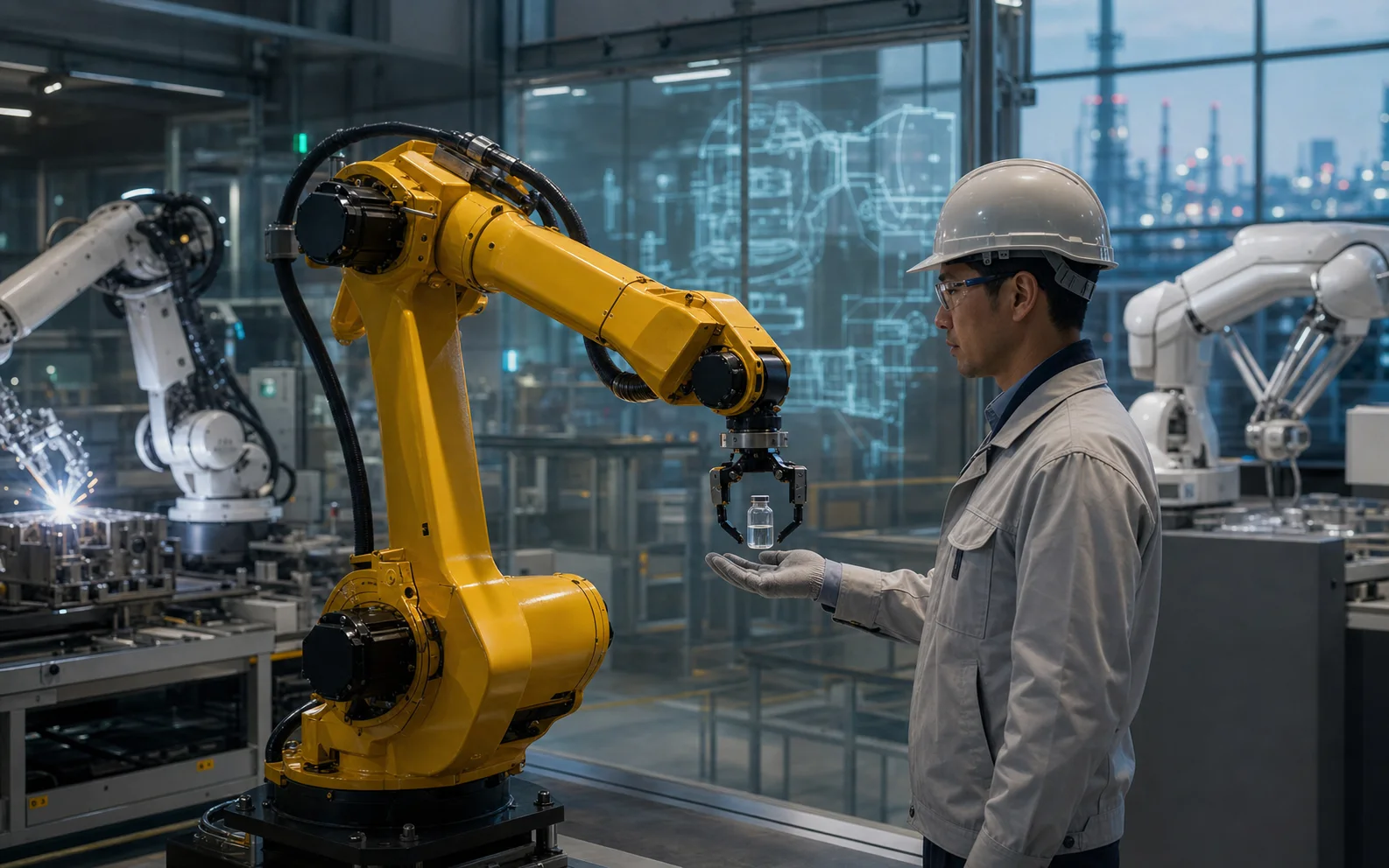 Un bras robotique industriel confie un flacon médical à un ingénieur dans une usine japonaise