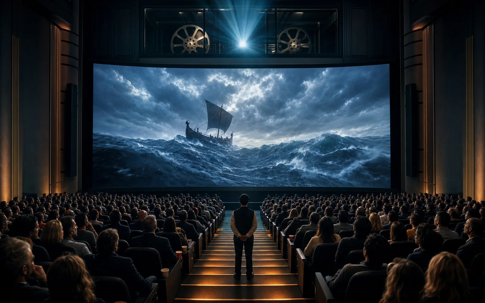Une salle de cinéma comble face à une mer déchaînée traversée par un faisceau de projection 70 mm