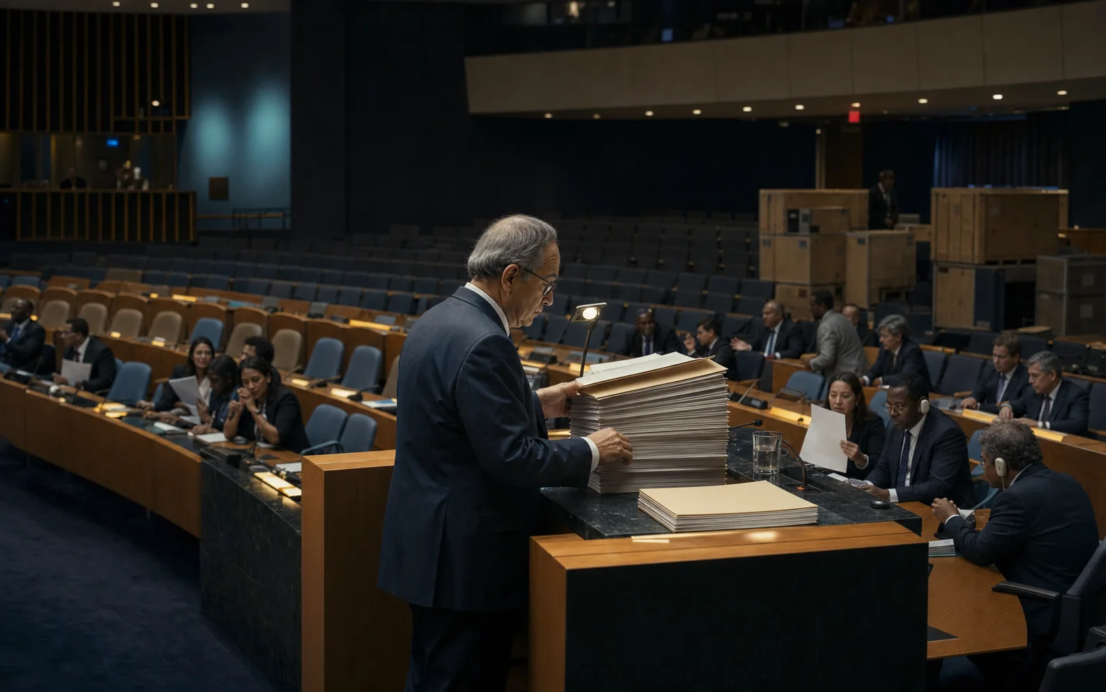 Un responsable examine des dossiers devant des délégués dans une salle d’assemblée partiellement vide