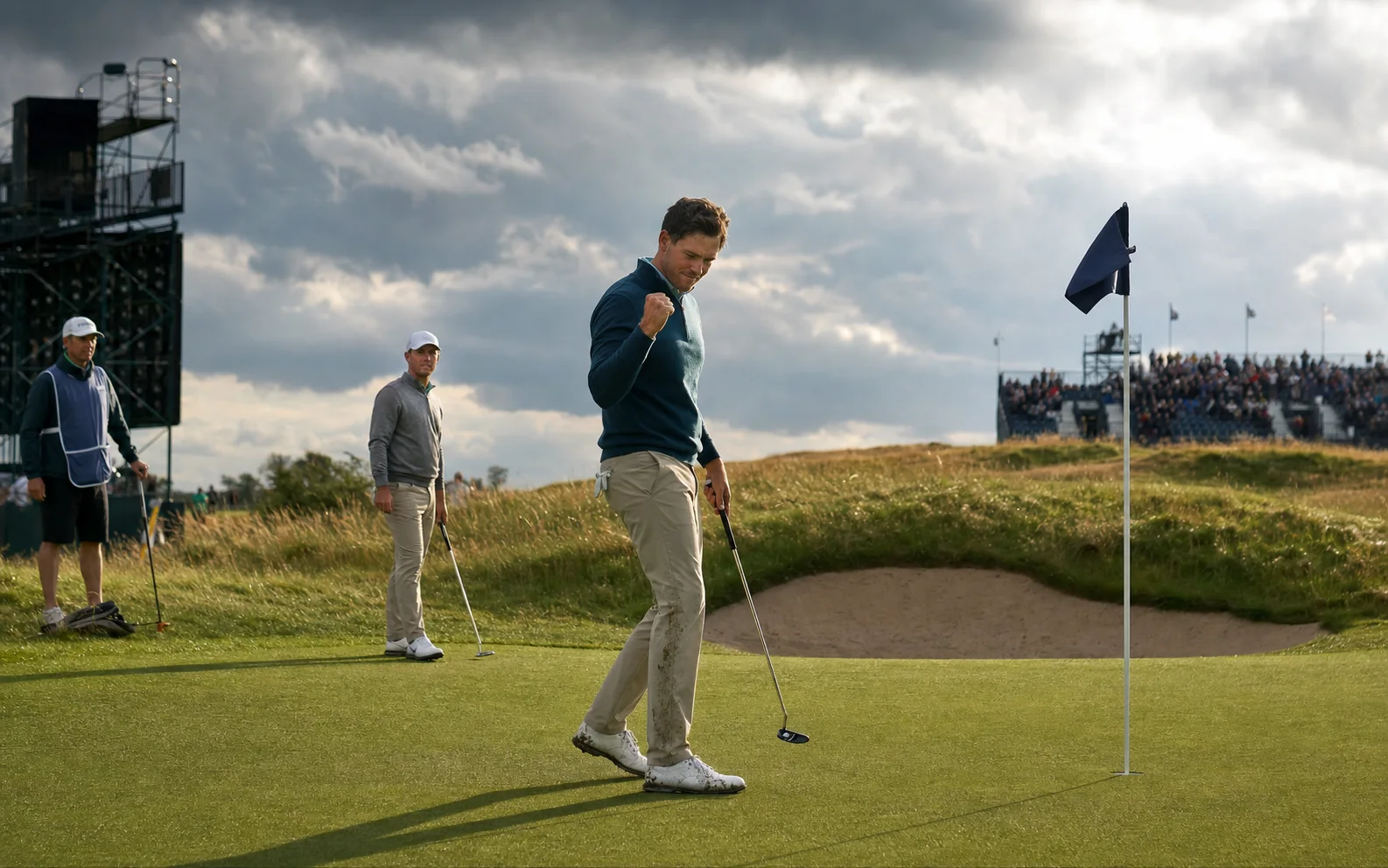 Deux golfeurs sur le green de Royal Birkdale, l’un célébrant près du drapeau devant un bunker