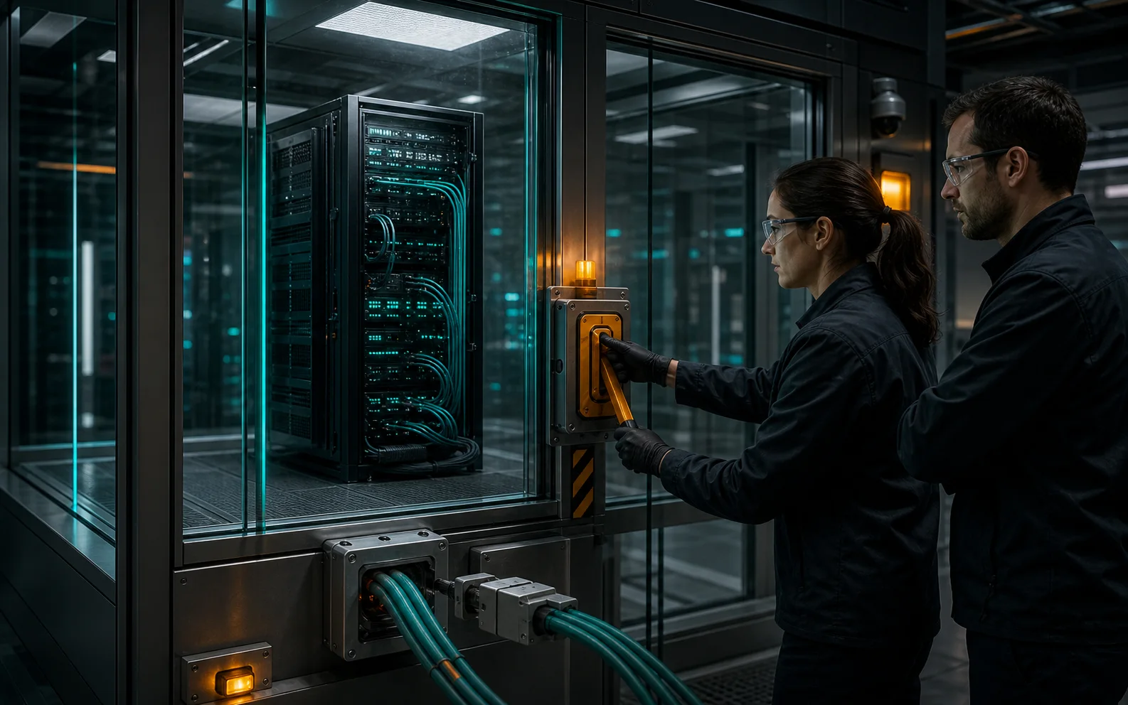 Deux ingénieurs isolent un serveur d’intelligence artificielle dans un laboratoire de cybersécurité