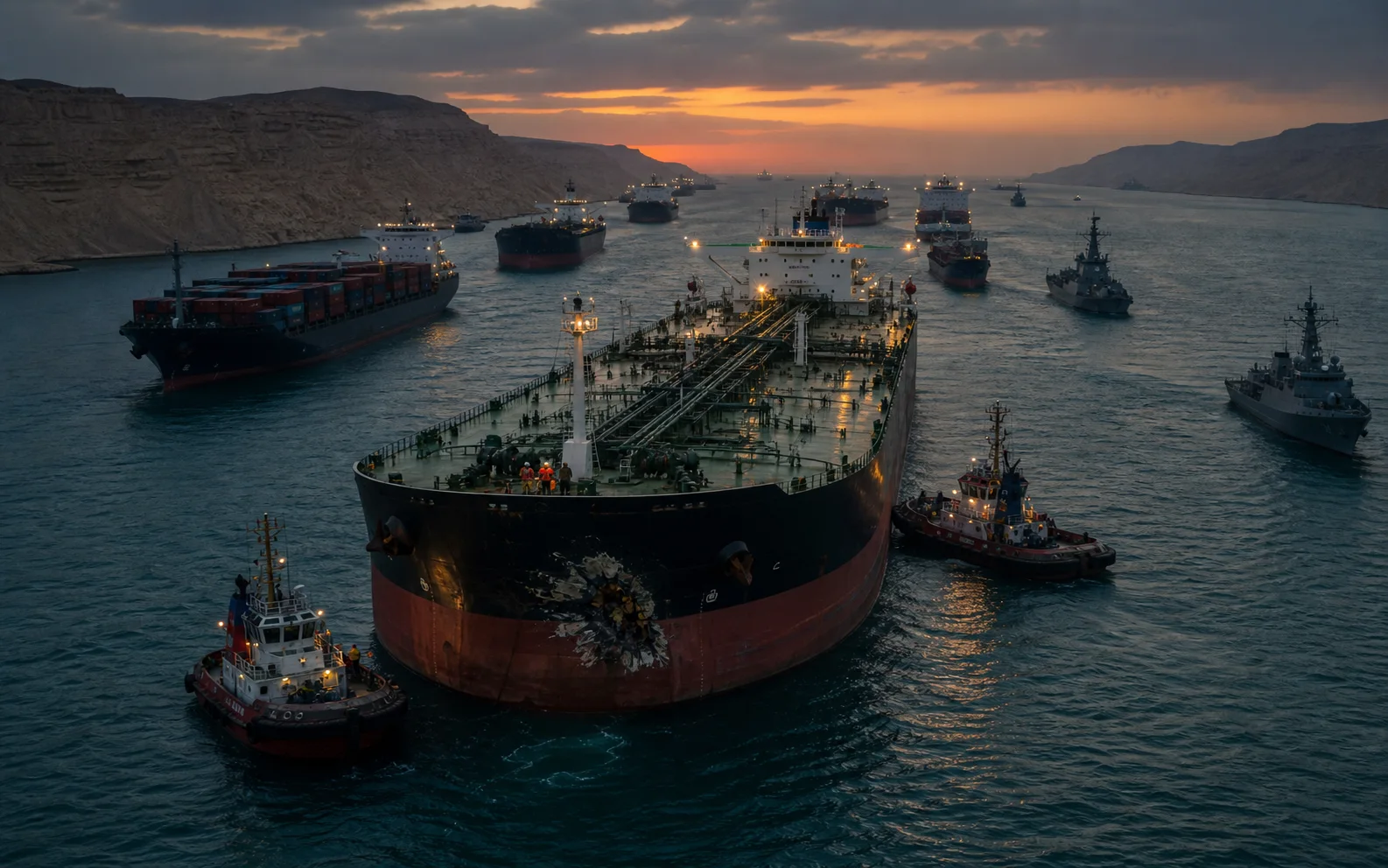 Un pétrolier endommagé escorté par des remorqueurs au milieu de navires immobilisés dans le détroit d’Ormuz