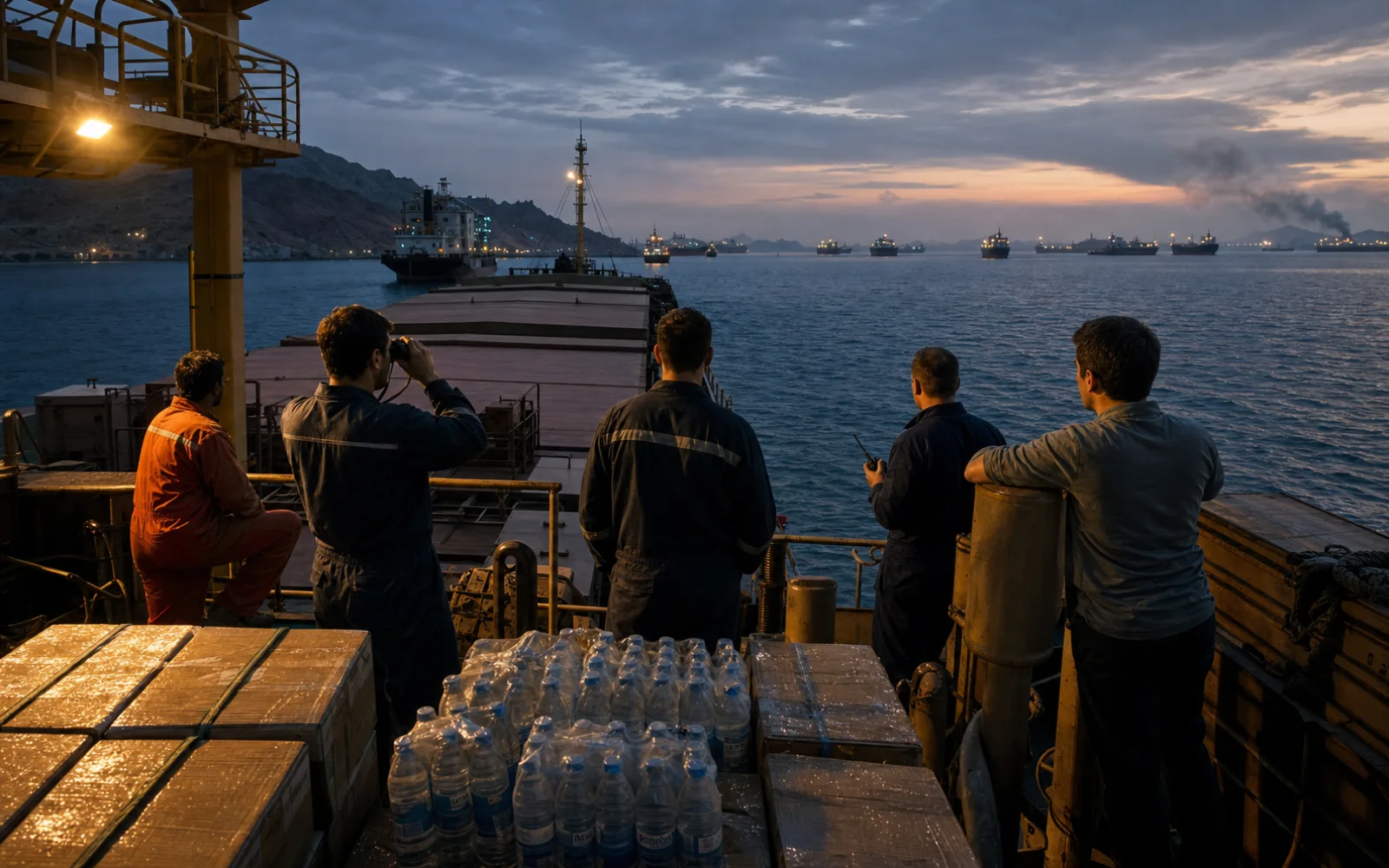 Équipage civil d’un cargo observant des navires immobilisés dans le détroit d’Ormuz au crépuscule