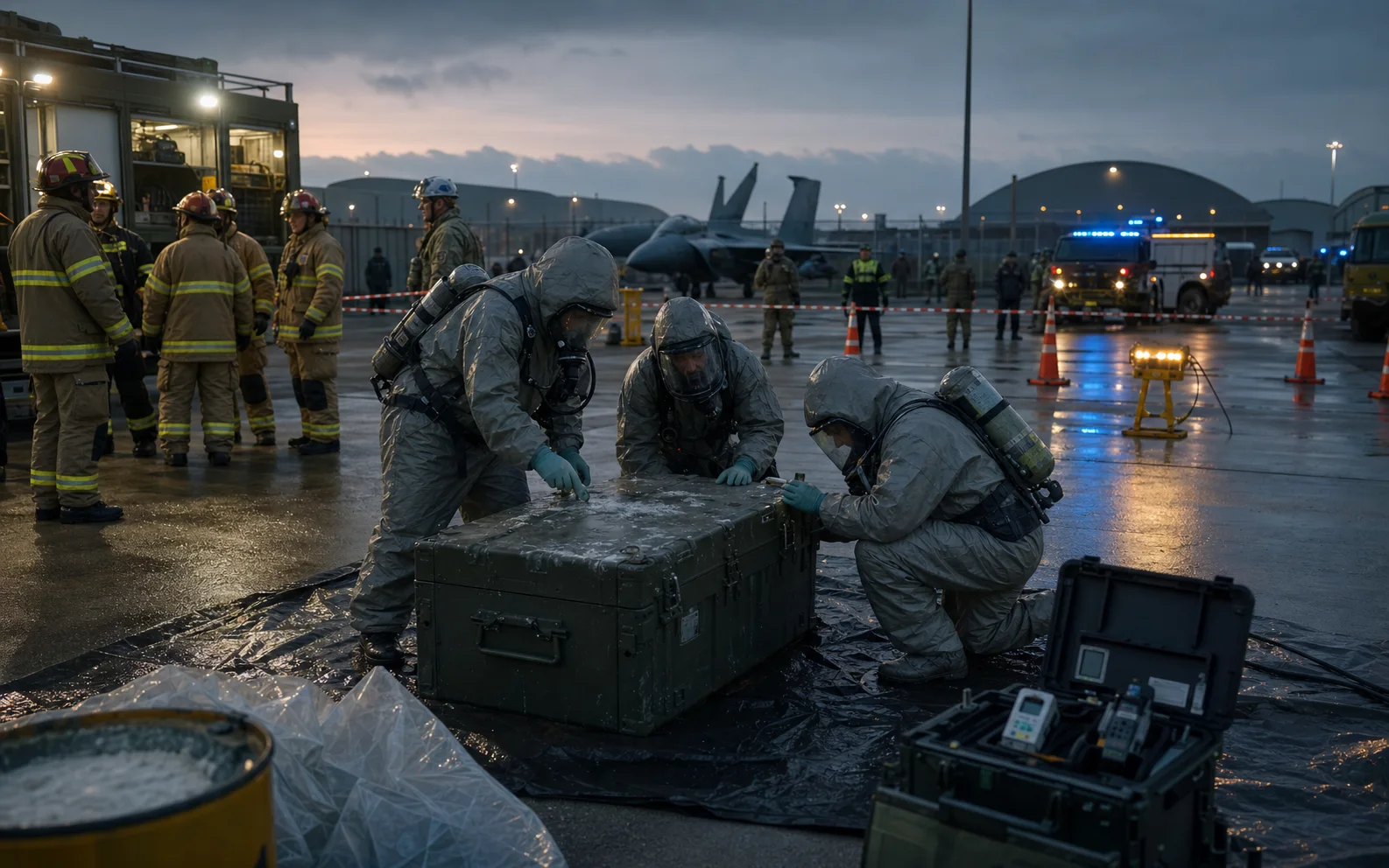 Des équipes spécialisées sécurisent une caisse de munitions sur une base aérienne au crépuscule