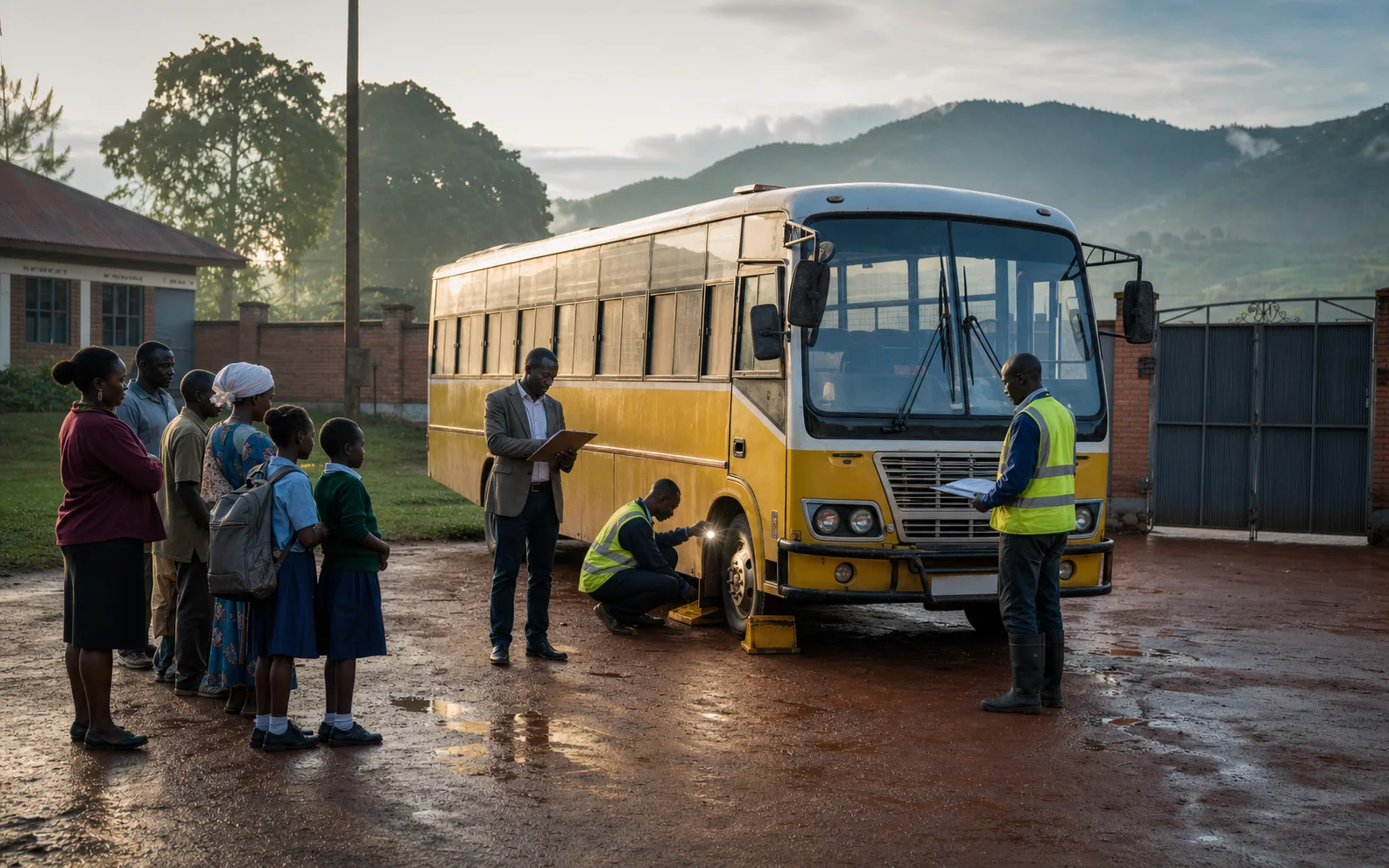 Un bus scolaire immobilisé dans une cour ougandaise pendant l’inspection de sa roue avant