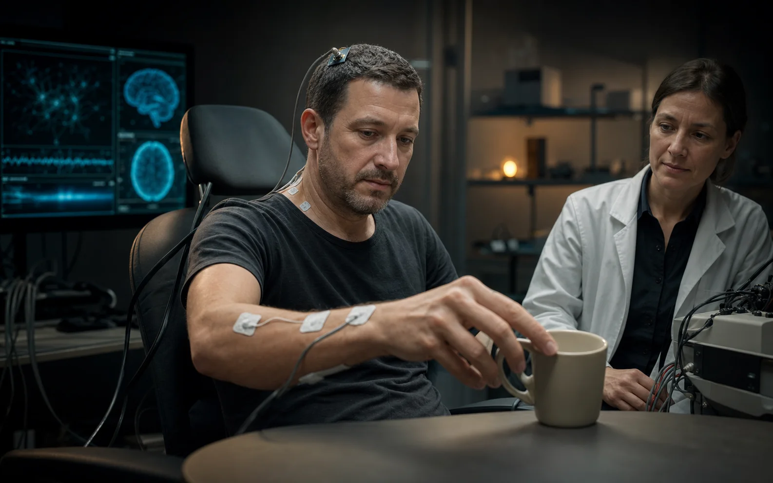 Un patient tétraplégique saisit une tasse avec une main stimulée pendant qu’une chercheuse observe le geste