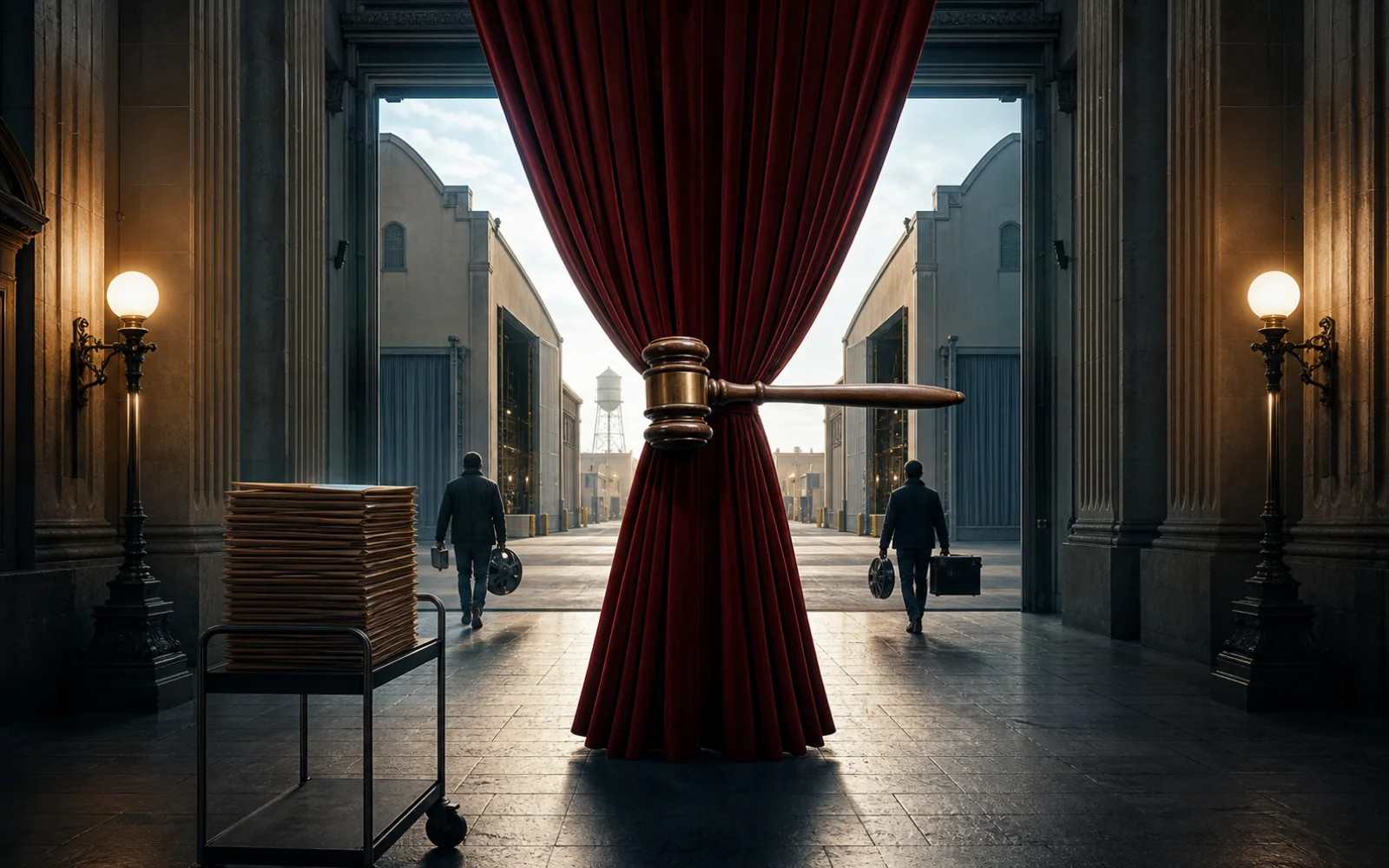 Un marteau de juge immobilise un rideau de cinéma entre deux studios hollywoodiens