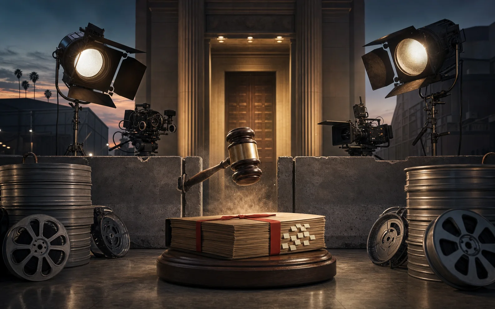 Un marteau de juge bloque deux plateaux de cinéma convergeant devant un palais de justice