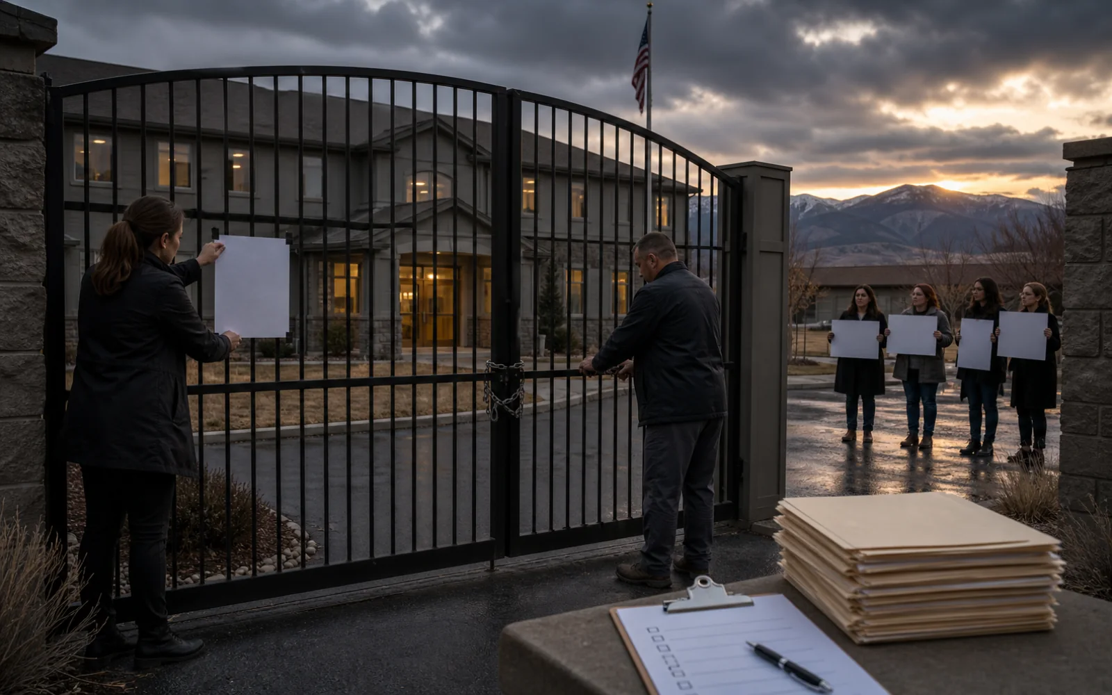 Des agents ferment le portail d’un centre résidentiel de l’Utah devant un groupe de militants