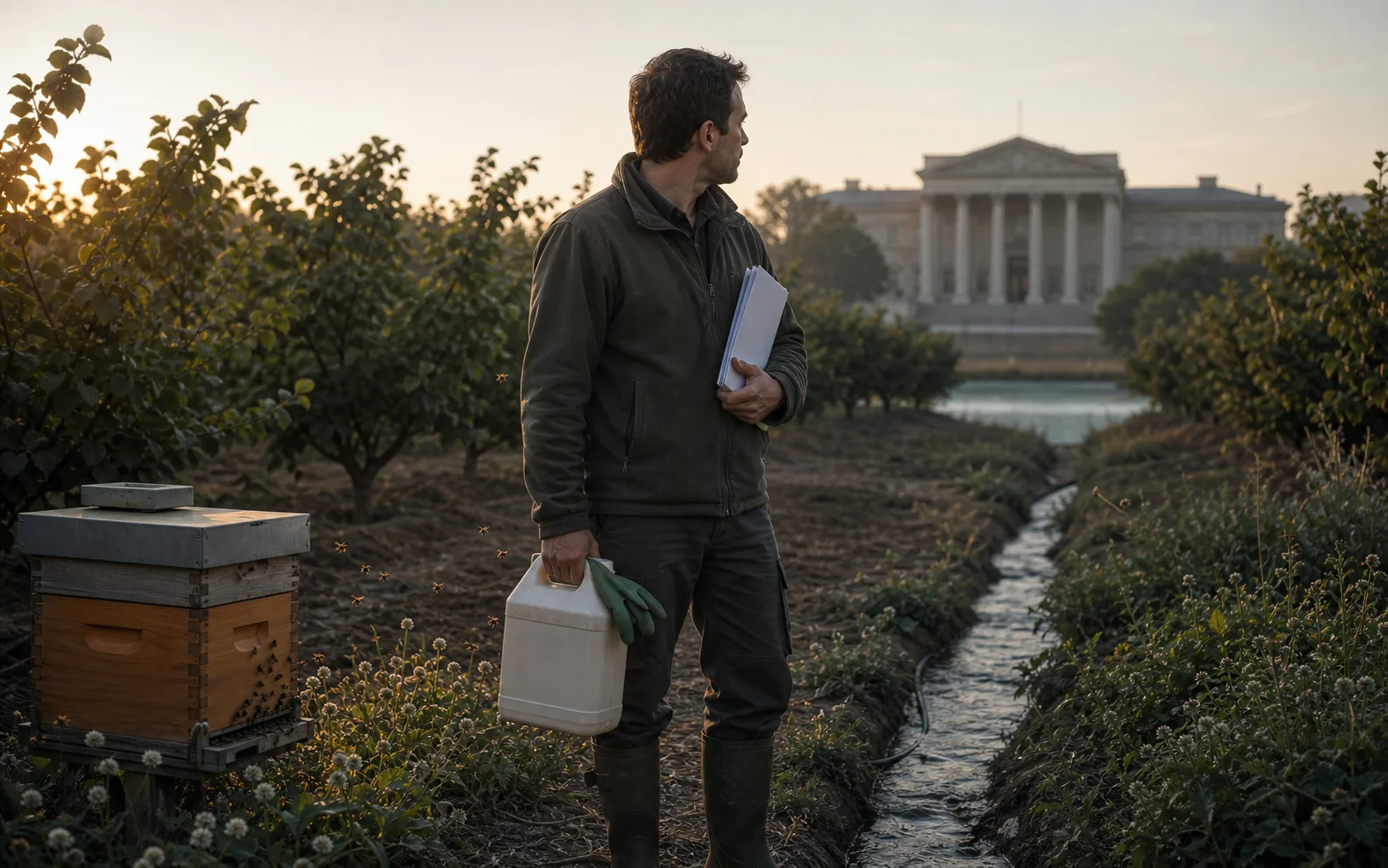 Un arboriculteur entre ses ruches et un palais institutionnel, un bidon fermé et un dossier à la main