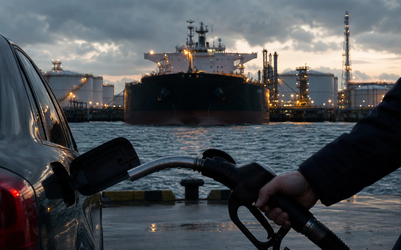 Un automobiliste tient un pistolet de carburant devant un pétrolier amarré à un terminal