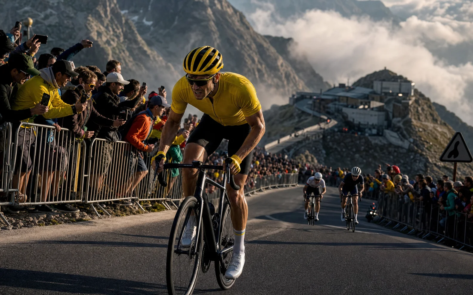 Un coureur en maillot jaune attaque dans un lacet alpin devant trois poursuivants