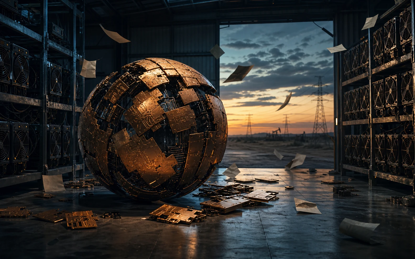 Salle de minage sombre ouverte sur le Texas avec une sphère de circuits métalliques en cours de démontage