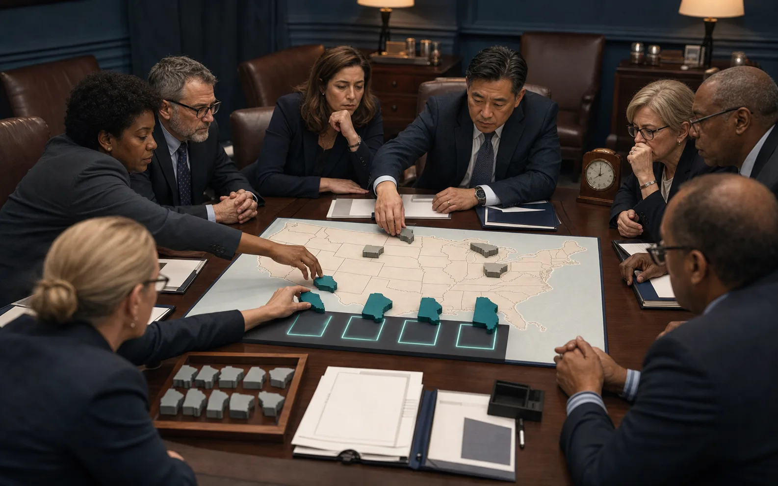 Des responsables politiques déplacent des marqueurs d’États sur une carte américaine autour d’une table
