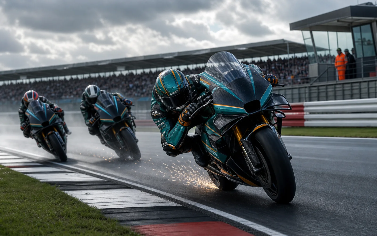 Trois motos de course négocient une courbe humide, le pilote de tête creusant l’écart à Silverstone