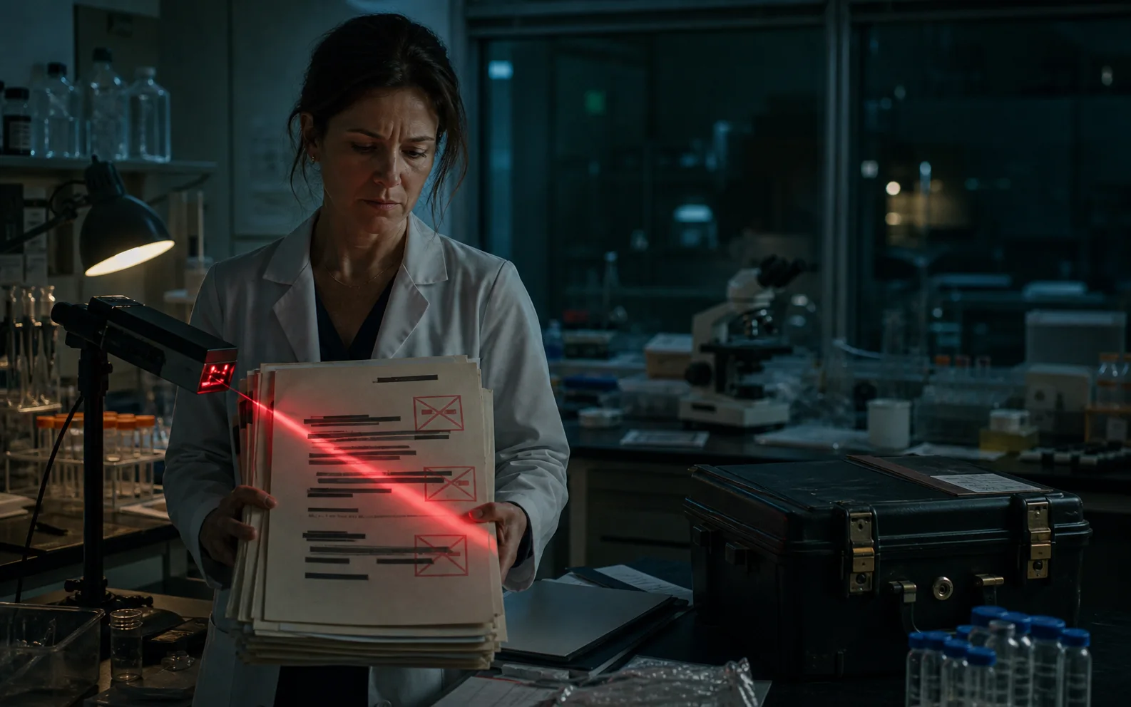 Chercheuse dans un laboratoire sombre tenant des dossiers de subventions barrés par un faisceau de contrôle rouge