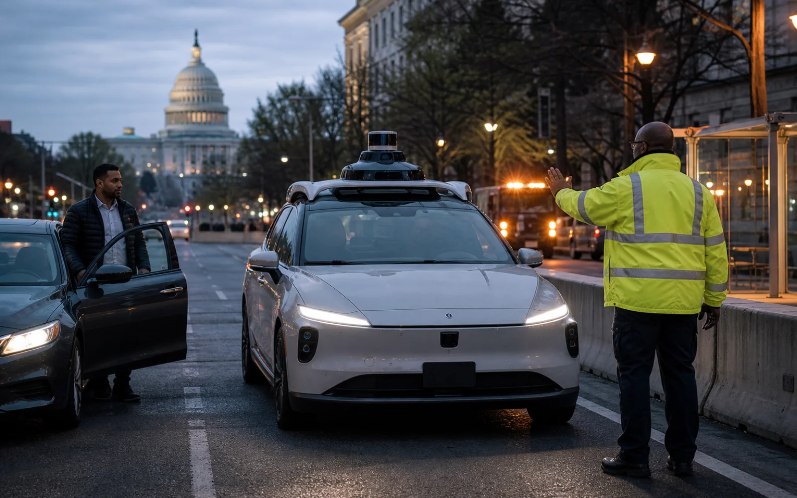 Un robotaxi sans logo arrêté par une responsable des transports dans une avenue de Washington au crépuscule