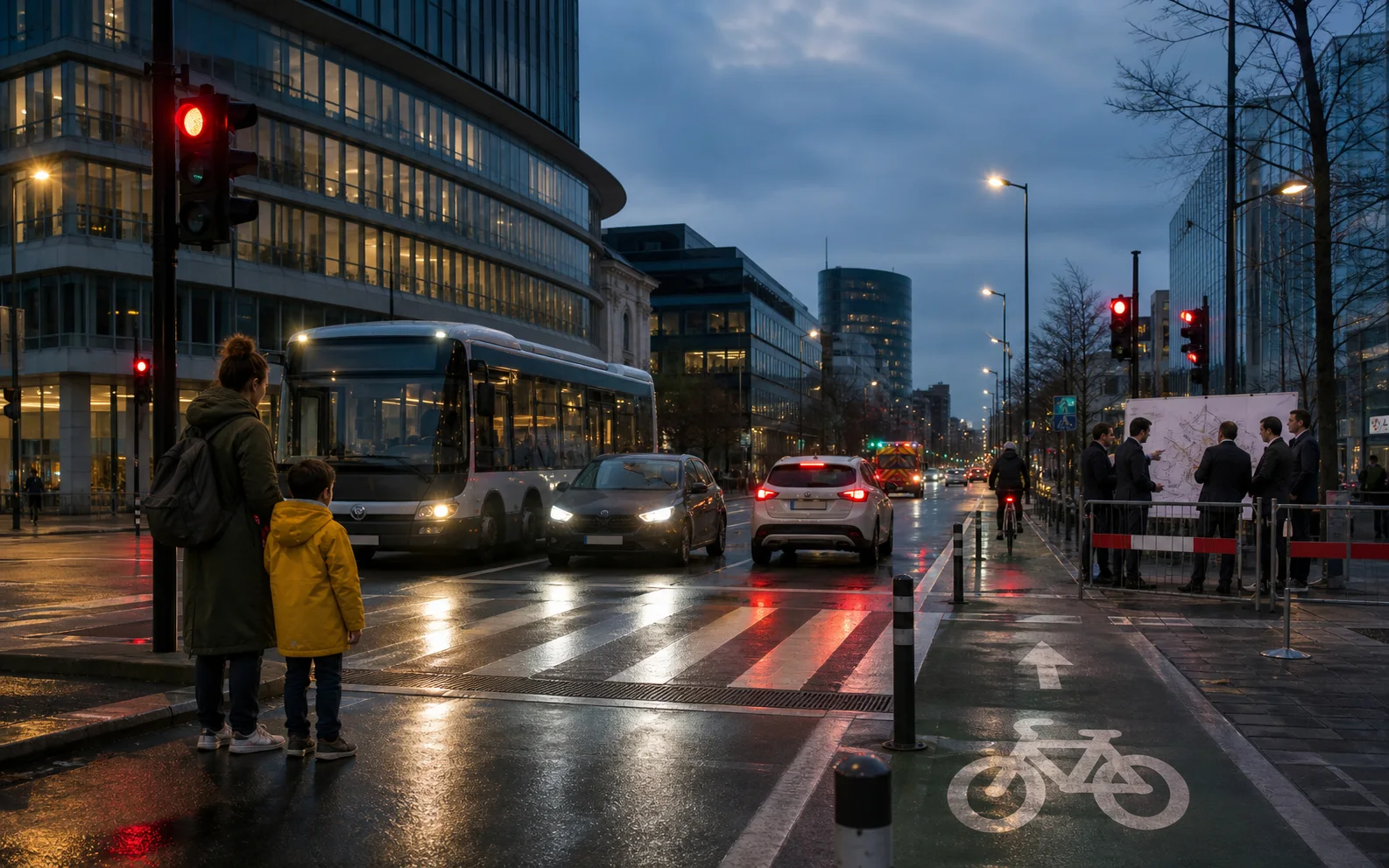 Un parent et un enfant attendent devant un passage protégé tandis que véhicules et cycliste traversent un carrefour urbain humide