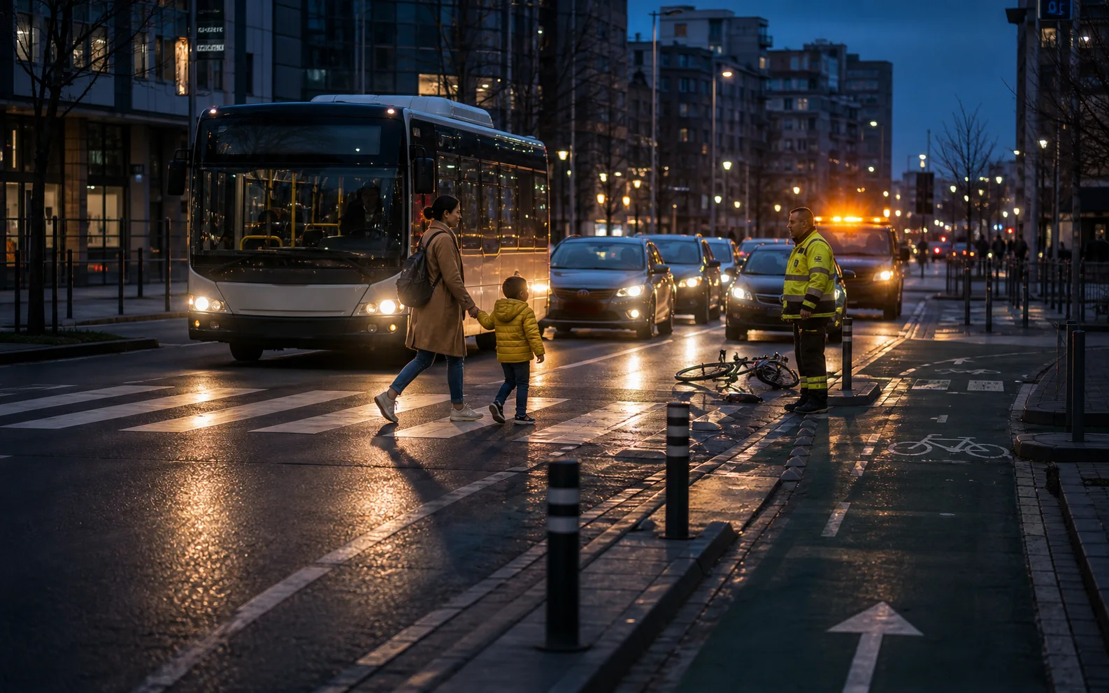 Une mère et son enfant traversent devant un bus arrêté, près d’un vélo accidenté et d’un secouriste