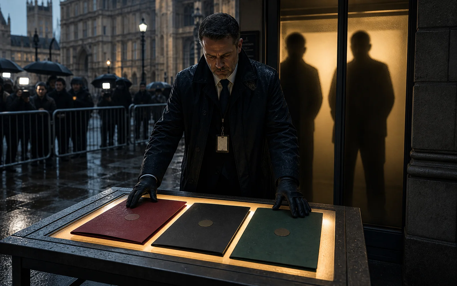 Un enquêteur britannique examine trois dossiers scellés sous la pluie devant Westminster