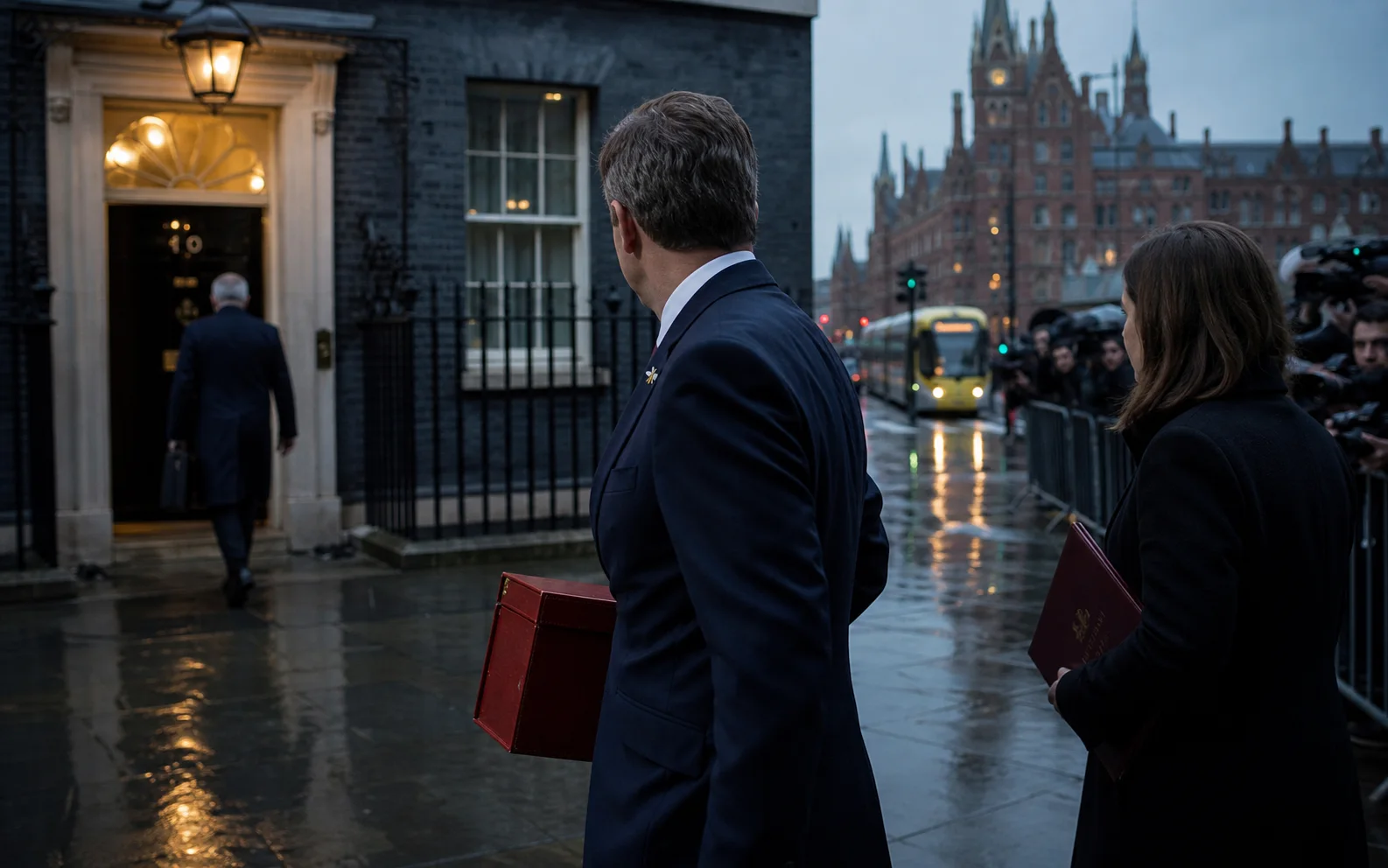 Passation de pouvoir sous la pluie devant Downing Street, avec un responsable arrivant muni d’une mallette rouge