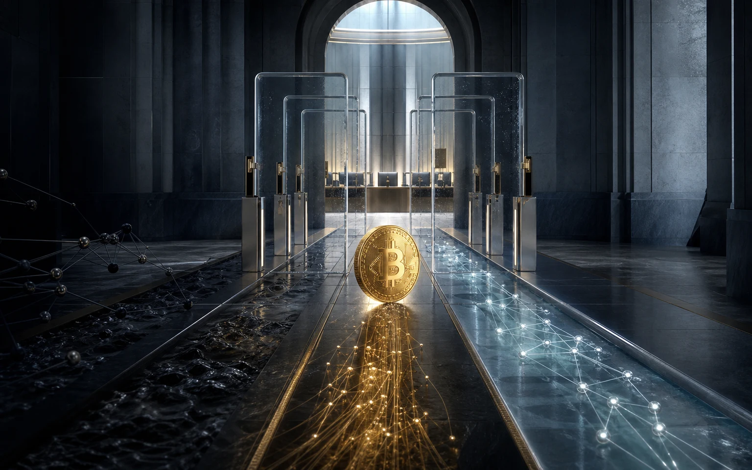 Un bitcoin doré franchissant les portiques d’un marché financier étroitement contrôlé