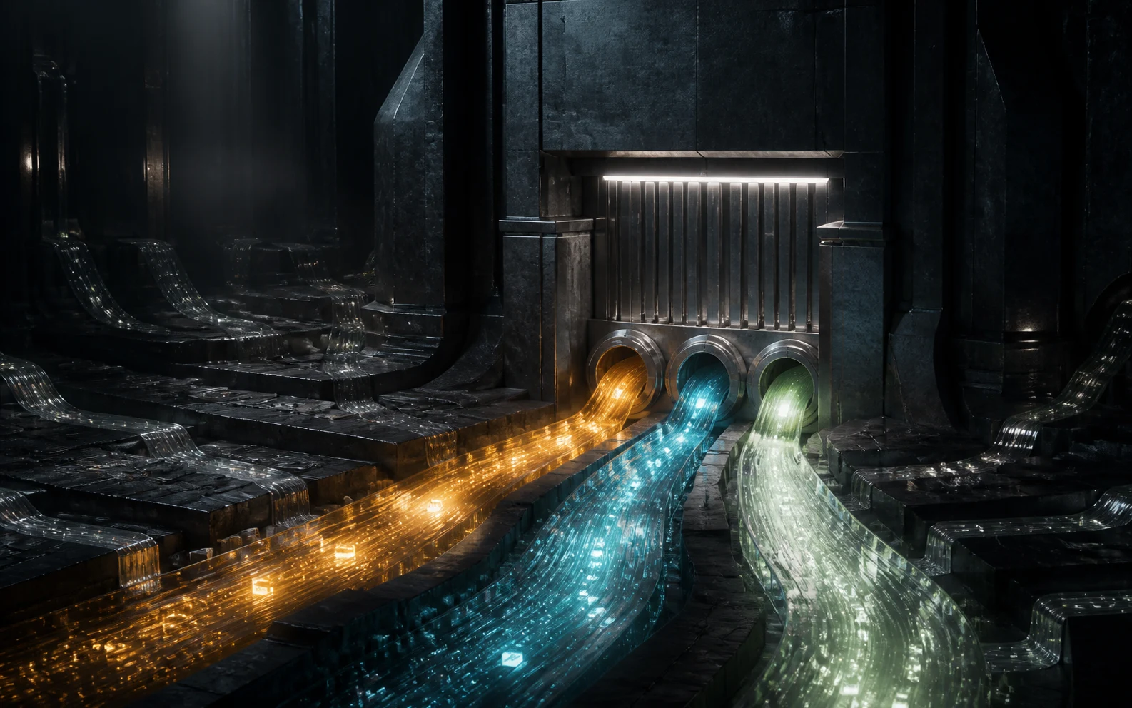 Trois flux lumineux traversent les portes métalliques d’une infrastructure financière régulée