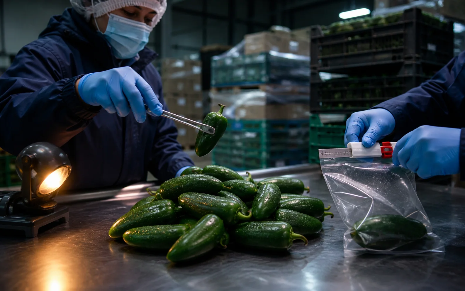 Des inspecteurs sanitaires prélèvent des jalapeños dans un entrepôt frigorifique