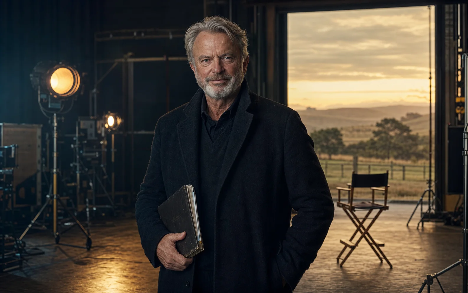 Portrait éditorial de Sam Neill sur un plateau de cinéma ouvert sur la campagne néo-zélandaise