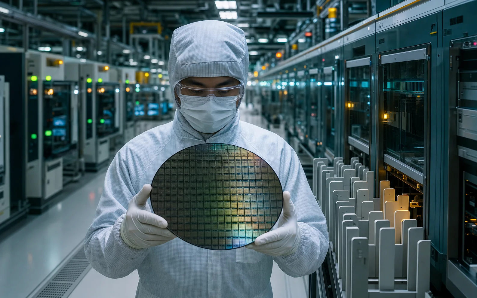 Un ingénieur en salle blanche inspecte une plaque de silicium destinée à des puces mémoire